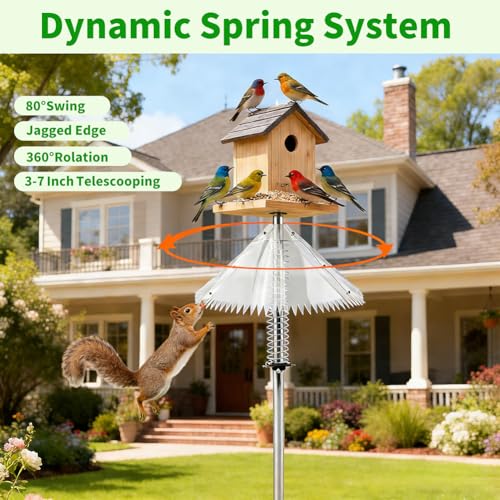 19 Inch Metal Squirrel Baffle, Squirrel Baffle for Bird Feeder Pole, Upgrade Spring Motion Design for Better Protection, Fits 0.4"-1" Round Poles Only