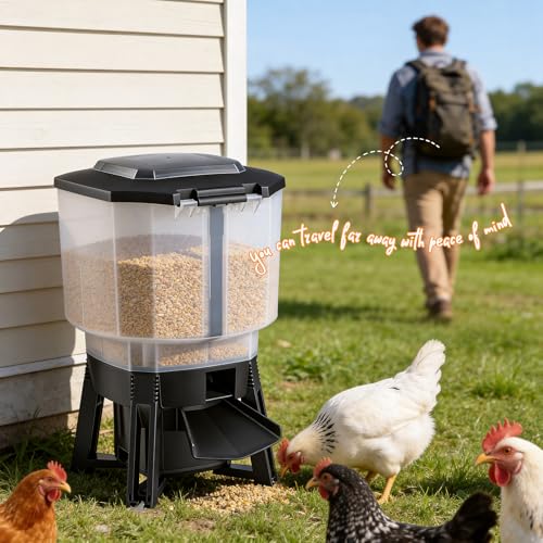12L Automatic Chicken Feeder with Timer, Solar & AC Powered | Build in 6 Programmable Feeding Times, with Adjustable Feeding Distance for Chickens Poultry Sealed & Proof Design