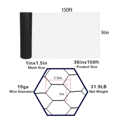 Black 19GA Chicken Wire 36inx150ft, Chicken Wire Fencing, Chicken Fence, PVC Coated Chicken Wire, PVC Coated Wire Mesh for Animal/Rabbit/Floral/Chicken Coop/DIY Projects. - color: Black, size: 36inx150ft