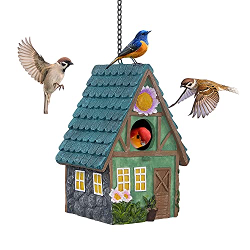 Bird Houses for Outside, Resin Bird House with Hang Chain, Decorative Bird Cage, Outdoor Garden Decor for Hummingbird, Bluebird, Cardinal and Other Bird