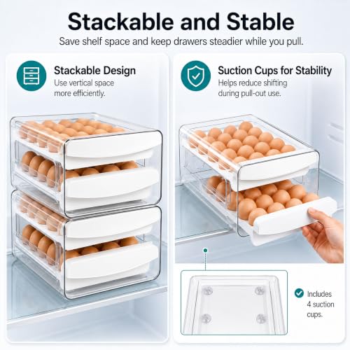 Egg Holder for Fridge, 40-Egg Refrigerator Organizer with Drawers | Egg Storage for Refrigerator, Clear Egg Container, 2-Tier Egg Tray for Fridge, Stackable Lid, BPA-free PET and PP, Hand Wash.