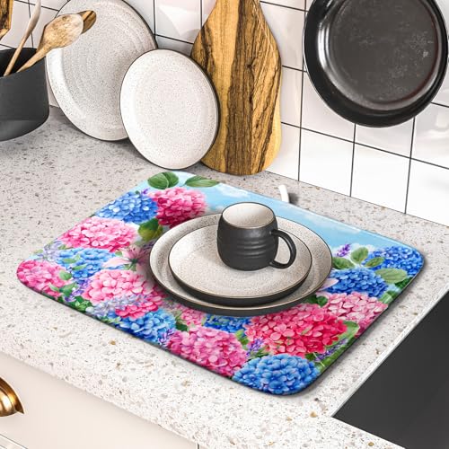 Hydrangea Floral Dish Drying Mat Cute Cat Microfiber Absorbent Dish Drying Pad for Kitchen Counter 16 X 18 - color: Colorful Hydrangea Cat, size: 18" x 16"