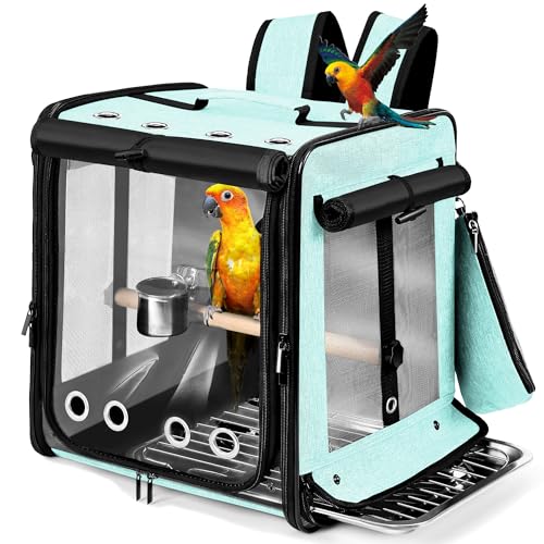 Bird Carrier with Seat Belt for Car Travel, Bird Backpack Carrier with Indestructible Stainless Steel Mesh, Large Bird Carrier Travel Cage, Green - color: Green, size: 13.5"L x 10.0"W x 15.5"H