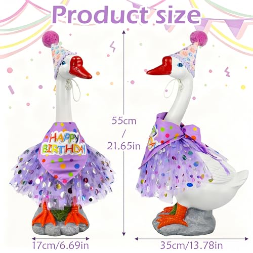 Large Porch Goose Outfits Set Decor - 20" Porch Goose Statue with Birthday Costume Gift for Mom Girl Boy ,Indoor or Outdoor Decorative Figurine for Garden Patio Lawn Entryway Accent,Housewarming Gifts - color: Purple Birthday Set