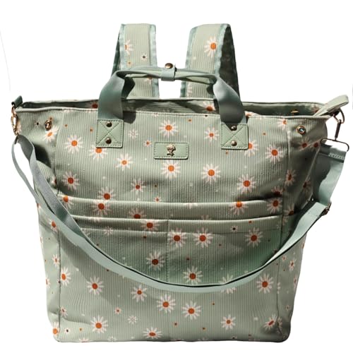Diaper Tote Bag Totepack Backpack Crossbody Bag 3 in 1 for Women Laptop Backpack Multifunctional with Insulated Pockets - color: Corduroy Matcha Daisy