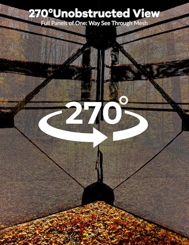 Hunting Blind 270 Degree See Through Ground Blind for Turkey Deer Hunting, 2-3 Person Camouflage Pop Up Hunting Blinds Ground Waterproof Portable Concealed Shelter with Silent Door and Carrying Bag
