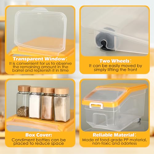 4 Pcs Rice Storage Container 22 lb Airtight Flour Container with Wheels Measuring Cup Clear Pet Dog Cat Birds Food Bin Grain Cereal Organizer Box for Dry Baking Supplies(Yellow Lid) - color: Yellow Lid, size: 22 lb