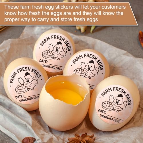 500pcs Farm Fresh Egg Stickers, 2" Round Self-Adhesive Unwashed Egg Stamps Packaging Labels Carton Labels with Collection Date for Farm Chicken Duck Supplies