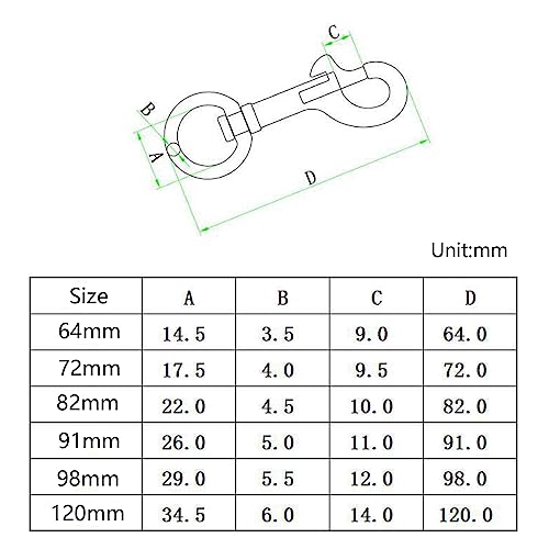 （4 Pieces) 72mm Swivel Eye Snap Hooks 316 Stainless Steel Marine Grade Single Ended Trigger Chain Clip for Dog Leash,Key Chain,Boat Ropes and Cages - color: 72mm