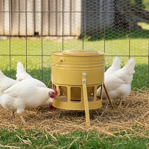 KOL Metal Chicken Feeder - 20lbs No Waste Chicken Feeder with 12 Ports, Powder Coated Rust-Proof Design & Smooth Edges for Safe Feeding (Yellow) - color: Yellow
