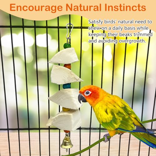 3 Pack Bird Chewing Toy Cuttlebone Parrot Toy with Bell Hanging Bird Beak Grinding Stone Parakeet Cage Accessories for Small Budgies Lovebirds Cockatiels (Block, 4 Per Skewer) - size: 4 Blocky