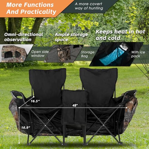 Hunting Chair Blind, 1/2 Man See Through Ground Blind, Camo Tent | Built-in Chair, Portable Blind, One-Way See Through, 1/2 Person, Camouflage, With Carrying Bag, Hunting Blind, Hunting Gear - style: 2 Person