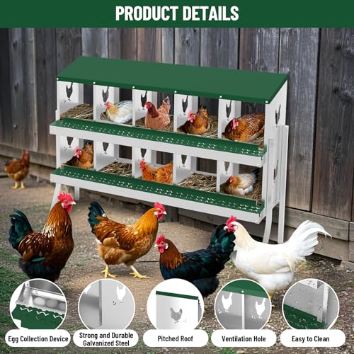 GarveeLife 10 Compartment Chicken Nesting Box with Metal Legs, Nesting Boxes for Chickens, Metal Chicken Laying Boxes with Perch, Secure Lid, Versatile Wall Mount or Free Standing for Hens, Green - color: green, size: 10 grids with legs