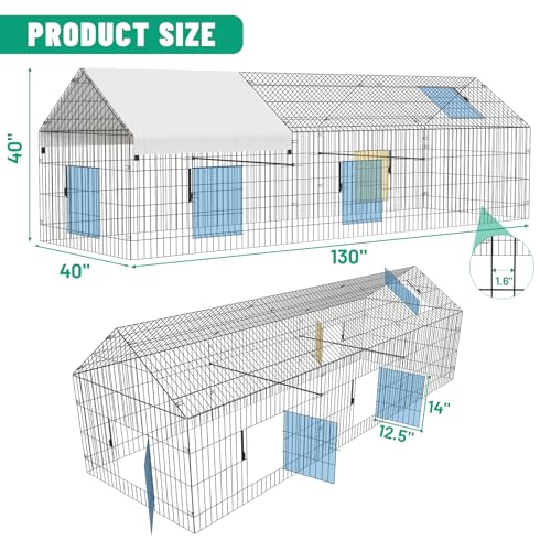 NUGRIART Metal Chicken & Duck Coop with Run – 130”x40”x40 Waterproof Poultry Cage, Portable Chicken Run, Ideal for Chicks, Hens & Ducks - size: 123.0"L x 38.0"W x 34.0"H