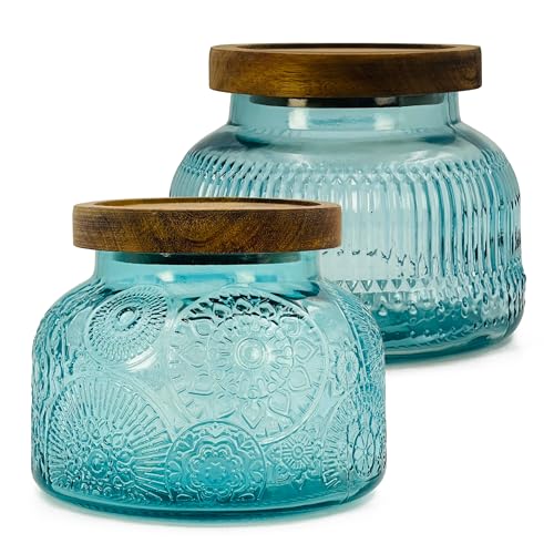 Decorative Blue Glass Jars with Airtight Wooden Lids 2 pack, 25.4 fl. oz | Wide mouth vintage storage canister, kitchen pantry bathroom organization, coffee sugar tea cookie candy candle vase gift - size: 25.4 Ounces, style: Blue 2pc