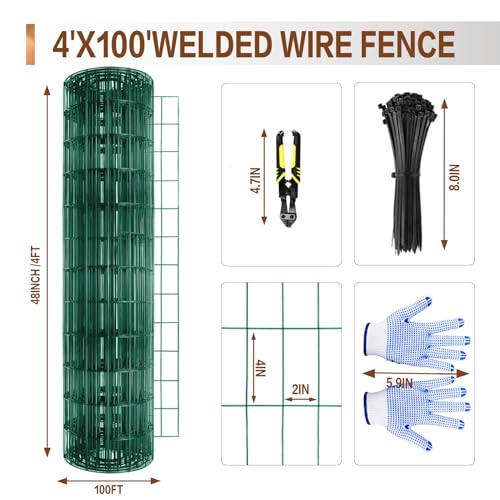 Tongmo 4 ft x 100 ft Green PVC Coated Welded Wire Fence, 16GA Garden Chicken Wire Fence Roll, Mesh Size 2" x 4" Hardware Cloth, Ideal for Yard Protection and Poultry Netting - color: Green, size: 4ft*100ft