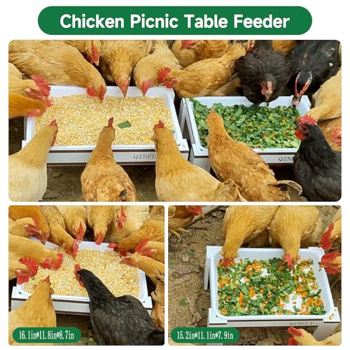 Large Chicken Picnic Table Feeder with Removable Plastic Tray | Coop Accessories Must Haves,Poultry Feeders No Waste,Chicken Food Dispenser - color: White-Brown
