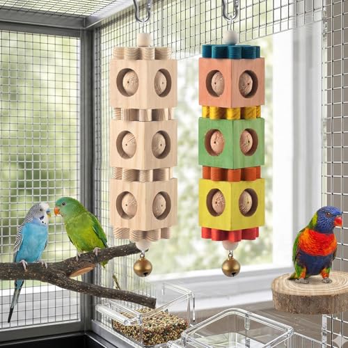4PCS Parakeet Toys Bird Perch Set with Forked Perches & Round Log Platform, Bird Toys for Parakeets Hanging Rotating Wood Block with Bell Parrot Perch for Cockatiel, Conure, Caique