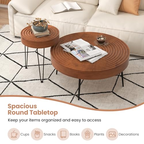 COSTWAY Farmhouse Round Coffee Table Set of 2, Rustic Sofa Side Tea Tables w/Wood Finish, Metal Frame, Adjustable Foot Pads, Nesting End Table Set for Living Room, Bedroom (Ring Pattern, Brown) - color: Brown, style: Ring Pattern