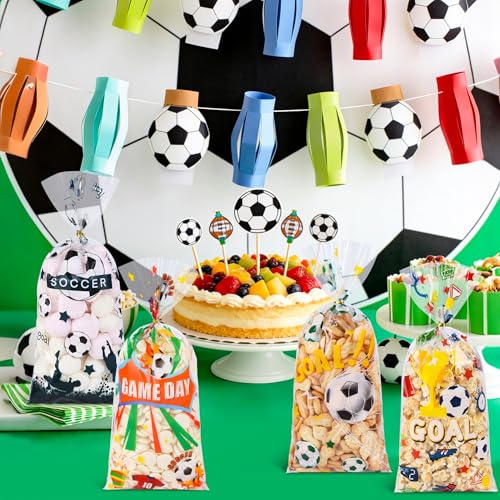 QOIUSO 100PCS Soccer Cellophane Treat Bags - Clear Plastic Goodie Bags with 110 Gold Twist Ties - Soccer Party Favor Bags for Snacks, Game Day, Sports Events, Birthday & School Activities - color: Soccer-100pcs