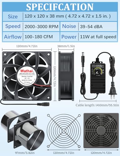 Wathai 120mm x 38mm 4 Inch Small Exhaust Fan 12V Duct Fan with Speed Control, Fume Extractor for Paint Booth, Soldering, Laser Engraving, Greenhouse Ventilation - style: 120x38mm 2 duct