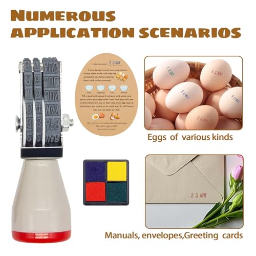 Egg Date Stamps for Fresh Eggs, with a Four-Color Ink Pad, 50 Farm Fresh Eggs Instructions, Egg Dater Kit, Date Roller Stamps, Date Label Stamper for Egg Mark Farm Office Shipping Receiving
