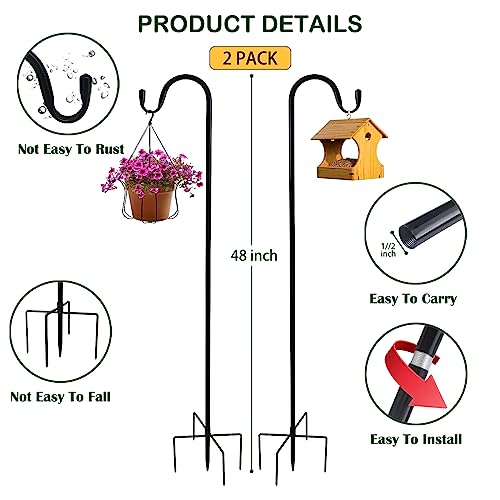 TIEBOLA Shepherd Hooks 2 Pack - 48 Inches High 1/2 Inch Thick Adjustable Rust Resistant Shepards Hooks with 5 Prong Base for Hanger Holder, Wedding Decor, Lanterns, Flower Basket, Bird Feeder.