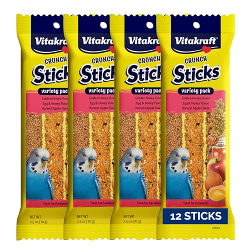 Vitakraft Crunch Sticks Parakeet Treat - Triple-Baked Millet Parakeet Treats with Natural Wood Center - Crunchy & Nutritious Bird Treat Sticks for Small Animals (12 Count, Honey, Egg, and Apple) - size: 2.5 Ounce (Pack of 4)