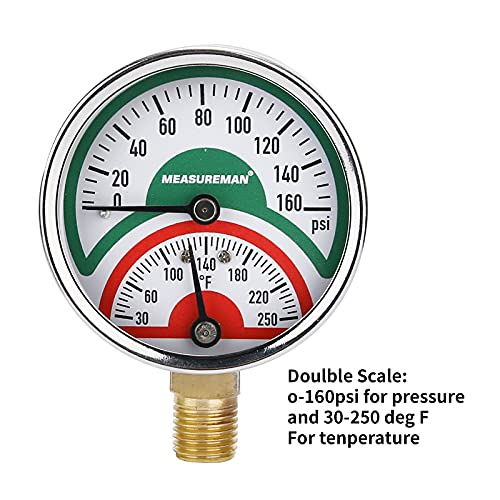 MEASUREMAN Tridicator, Thermo-Manometer, 2-1/2", 0-160psi/30-250 deg F, Black Iron Case, 1/4" NPT Lower Mount Pressure Gauge - size: Lower Mount-Dry