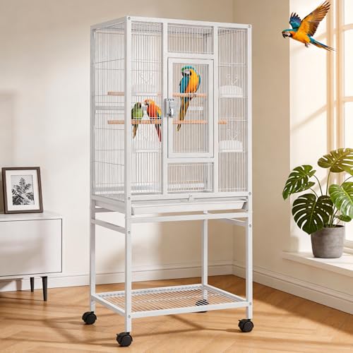 DWVO 53.9-Inch Metal Bird Cage: Large Parrot Cages with Seed Catcher & Cover - Rolling Stand with Brakes for Parakeets, Lovebirds, Cockatiels, Finches and Pigeons - color: White, size: 24.0"L x 16.9"W x 53.9"H