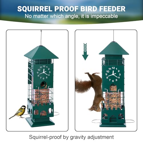 Metal Squirrel Proof Bird Feeders for Outdoors Weight Activated,3 Lbs Green | Hanging Anti Squirrels Buster Mesh Birdfeeders for Outsides Chew & Weather proof, Easy to Fill 4 perches Decor Backyard
