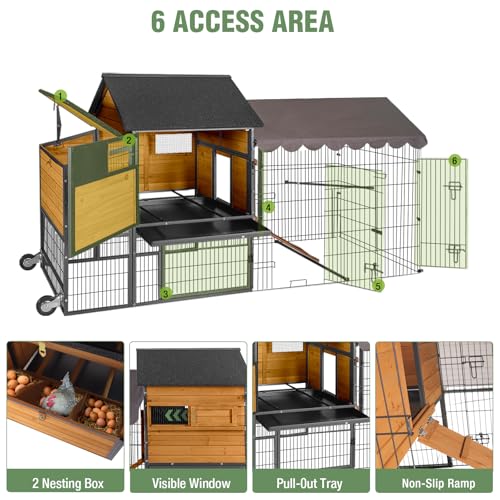 GUTINNEEN 85.6" Large Chicken Coop with Run for 6-8 Chickens, Heavy Duty Chicken Tractor with Wheels, Wooden Chicken House with Reinforced Steel Frame, Nesting Box & Pull-Out Metal Tray - color: (Brown-AIR7006)