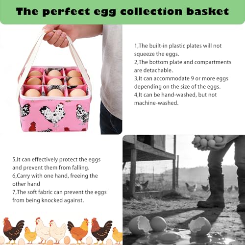 Eggs Collecting Basket, Durable Canvas Egg Basket with Plastic Board, 9-Pouch Chicken Egg Holder Bag for Gathering Fresh Eggs, Egg Gathering Basket and Multipurpose Chicken Holder Bag (Pink)