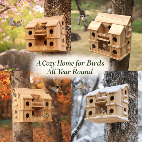 Wooden Bird Houses for Outside, 10 Holes Multi-Chamber Bird House, 1.37" Entrance Hole for Small Birds, Decorative Outdoor Bird Nesting Box