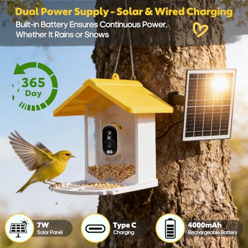 Smart Bird Feeder with Camera Solar Powered, 2K HD Live Video Bird Watching for Outside Garden, AI Identify 11000+ Species by Subscription, Instant Arrival Alerts, Gift for BirdLovers