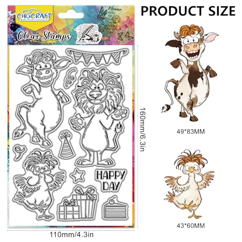CHGCRAFT Happy Animal Clear Stamps Cow Chicken Lion Transparent Stamps Animal Party Silicone Clear Stamp Seals for Carding Making DIY Scrapbooking Photo Album Decoration, 4.3x6.3 inch - style: Animal Party