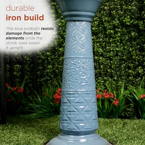 Alpine Corporation ORS112BL Vintage Metal Pedestal Birdbath with Stand, Shallow Bird Bath Bowl for Outside, 28" H, Blue - color: Blue