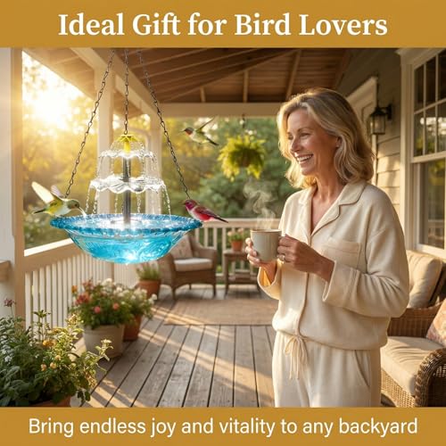 Hanging Solar Bird Bath Fountain,Solar Fountain Cascade, Hanging Bird Bath with Water for Outdoors Garden Patio Backyard Lawn Decor (Blue)