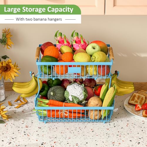 2 Tier Fruit Basket for Kitchen Counter with 2 Banana Hangers, Countertop Metal Bread Basket with Wooden Handle, Large Storage Stand for Vegetables, Snacks, Eggs, Produce Storage – Blue - color: Blue, size: 2 Tier