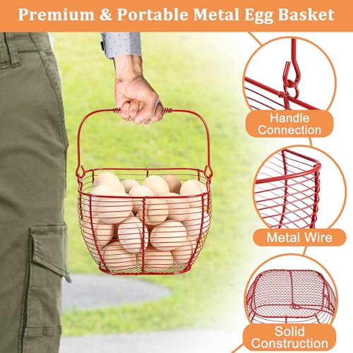 2 PCS 7" Red Wire Egg Baskets With Handle Kitchen Countertop Egg Holder | Small Metal Collecting Basket for Gathering Fresh Eggs, Chicken and Duck Eggs Hunting Basket & Counter Storage Basket - color: Red