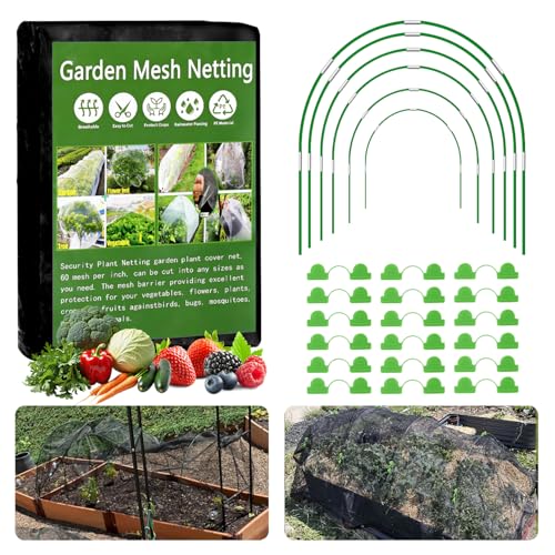 Garden Mesh Netting Kit, 10x30FT Black Ultra Fine Netting & 6 Sets 8FT Fiberglass Garden Hoops, Garden Netting with Frame for Raised Beds, Garden Hoops and Netting for Row Cover, Plant Insect Barrier - color: Black