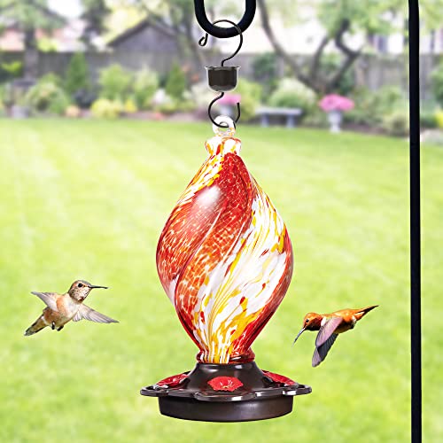 LUJII Ice Cream Shaped Spiral Hummingbird Feeder, Hand Blown Glass, 28 fl.oz, Leak Proof & Rustproof, Includes an Ant Moat for Outdoors Hanging, Unique & Stylish Garden, Outside & Backyard Decor (Red) - color: Red, size: Small