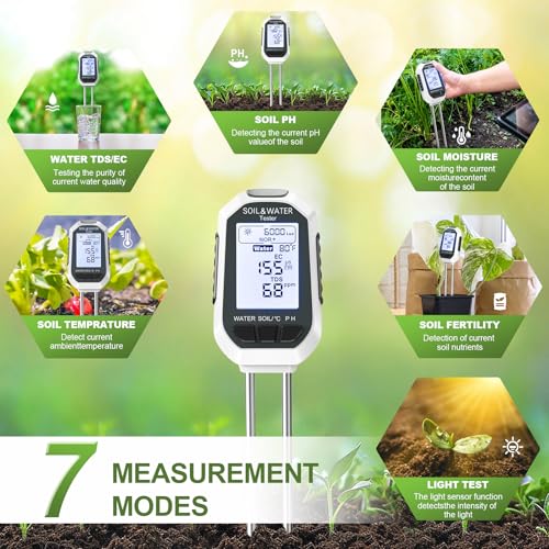 Moisture Meter for Plants, 7-in-1 Digital Soil Tester Kit with Backlit LCD - Measures pH, EC, TDS, Fertility, Temp, Moisture & Sunlight, Garden Tools for Indoor & Outdoor