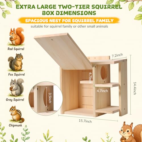 Large Widened Squirrel House for Outside, Waterproof Squirrel Nesting Box | External Platform & Porch, Anti-Predator Squirrel Box for Backyard, Solid Pine Wood, Easy to Assemble, DIY, 16×14.5×8 Inch