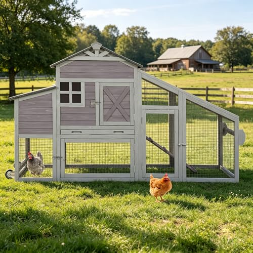 Large Chicken Coop with Wheels, Hen House with Run, Wooden Poultry Cage with Waterproof Roof, Leakproof Tray and Nesting Box, Rabbit Cage Bunny Hutch, Chicken Tractor for 4 Chickens (Grey) - color: Grey, size: 73.4"L x 27.9"W x 43.2"H