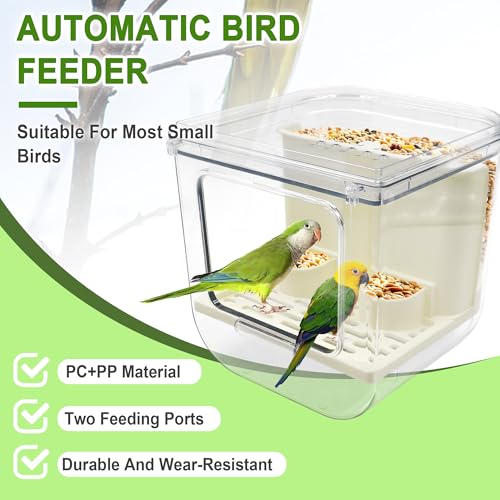 No Mess Bird Feeder for Cage Automatic Bird Seed Feeder | Seed Cube for Bird Cage with Perch & Transparent Food Container Parakeet Cage Accessorie for Parrots Budgies Lovebirds Canary