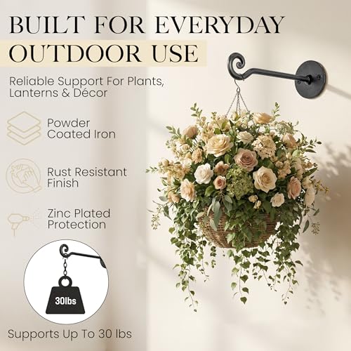 Plant Hangers Outdoor or Indoor Heavy Duty Wall Bracket Hooks | Wrought Iron Metal Hanger Indoor Hook for Hanging Plants Baskets Lanterns Bird Feeders - 2 Pack (Black Swirl Hooks 7.5") - size: 7.5 Inch, style: Swirl Hooks