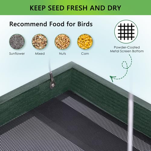 Gtongoko WPC Composite Platform Bird Feeder Hanging, Large 3.5 lbs Capacity, Durable, Seed Tray Bird Feeder for Outdoors with Metal Mesh Bottom Weather-Resistant for Garden Yard, Green