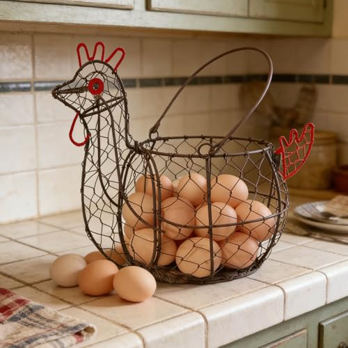 Rooster Shaped Chicken Wire Egg Basket for Gatheirng Fresh Egg | Chicken Egg Basket,Metal Egg Collecting Basket with Handle, Farmhouse Countertop Decor, Chicken Coop& Kitchen