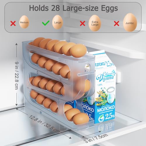 FIFO Egg Holder for Fridge, Egg Organizer for 28 Large Size Eggs | 1-Pack Auto Rolling Egg Dispenser for Refrigerator, Space-Saving Egg Roller/Container/Storage(Frosted Clear) - color: Frosted Clear, size: 1 Pack